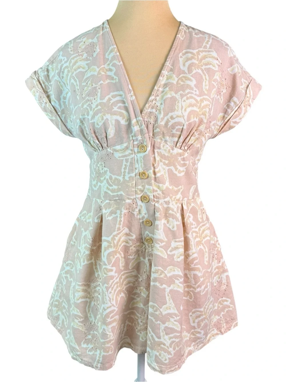 Zara Linen Blend Embroidered Eyelet Palm Tree Print Romper Button Front V-Neck M